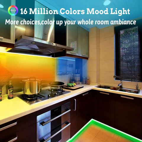 Ultra Long 130ft RGB LED Strip Lights Kit With 44 Keys Remote For Music Sync And Color Changing Mood Lighting in kitchen setting