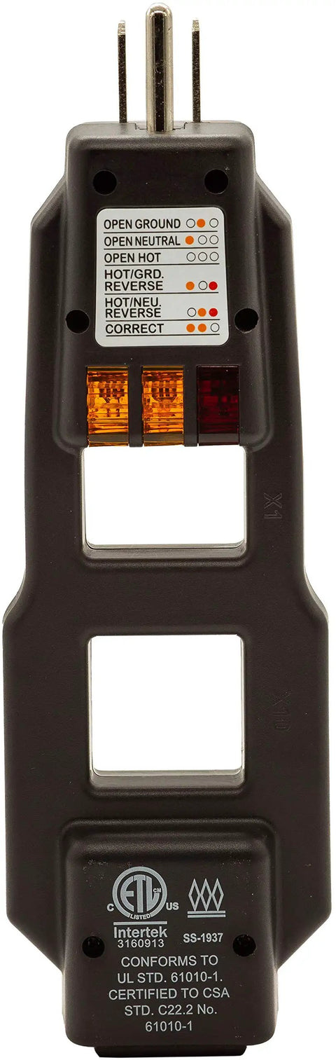 Must Have AC Line Splitter And GFCI Outlet Tester with five visual indicators for quick wiring checks and voltage readouts.