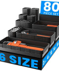Six Size 80 Piece Tool Box Organizer Set Black Garage Storage Tray Dividers displayed with tools and small parts.