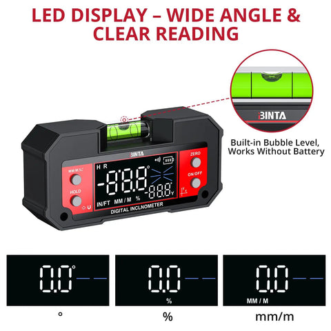 Heavy Duty Digital Angle Finder With Dual Axis Level And Quick Slope Checks Featuring Clear Led Screen And Built Tough Construction For No Fuss Contractor Projects Daily showing LED display, bubble level, and digital inclinometers.