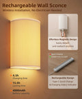 EZVALO Battery Operated Wall Sconce, Pleated Shades Wireless Wall Sconce with magnetic design, showing white fabric and warm light.