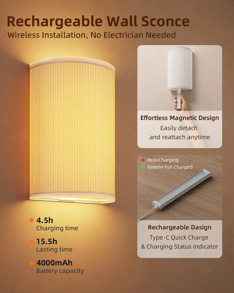 EZVALO Battery Operated Wall Sconce, Pleated Shades Wireless Wall Sconce with magnetic design, showing white fabric and warm light.
