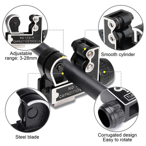 Front view of Spurtar mini pipe cutter tool; adjustable 3–28 mm range, steel blade, smooth cylinder