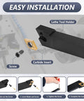 Indexable Lathe Turning Tools Set With Three Eighths Inch And Ten Millimeter Shanks Seven Tool Holders And Fourteen Carbide Inserts For Turning Grooving Threading Boring And Cutting Includes Eight Wrenches showing easy installation steps with tool holder, carbide insert, and screw details.