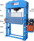 Rock Solid 150 Ton Electric Hydraulic Shop Press With Full Welded H Frame and Safety Guard, showcasing components like ram, press table, and electric pump.