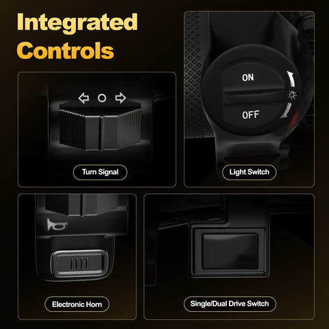 Integrated controls of dual motor electric bike with 5000W peak power, featuring turn signal, light switch, horn, and drive mode switch.
