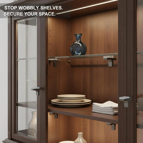 Multipurpose Zinc Alloy Shelf Supports For Glass And Wood Shelves in wooden cabinet with decor items