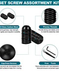Set Screw Assortment Kit With 1211 Pieces Metric And SAE, M3 To M8 And 1/8 To 5/16 Inch, Class 12.9 Carbon Steel Socket Cup Point Grub Screws