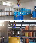 Heavy Duty 2000 Lb Chain Drum Lifter For 55 Gallon Steel And Plastic Barrels With Top Lip lifting blue and yellow barrels in a warehouse.