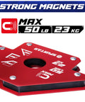 Red square welding magnet clamp with central hole and 45°, 90°, 135° angle marks