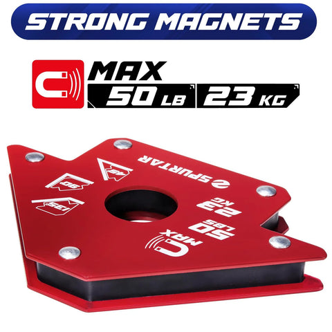 Red square welding magnet clamp with central hole and 45°, 90°, 135° angle marks