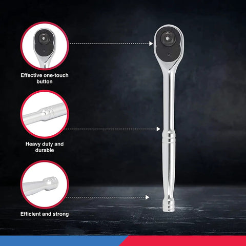 Beefy 1/2 Inch Ratchet Wrench With 72-Tooth Reversible Mechanism, chrome vanadium steel, effective one-touch button