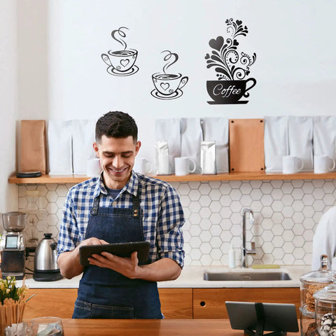 Four Piece Coffee Kitchen Wall Decal Set Removable Vinyl Wall Art Black Coffee Cup Designs shown on kitchen wall