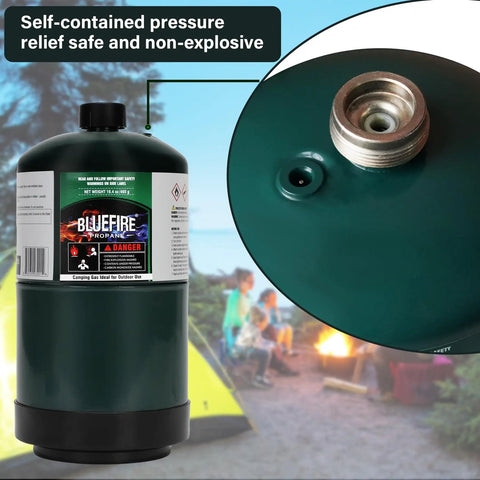 Close-up of Pack Of 2 16.4 Oz Propane Gas Canisters For Camping Stoves And Outdoor Cooking All Purpose Portable Tanks