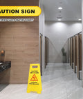 Heavy Duty Folding Wet Floor Signs, Set Of Twelve Double Sided Bilingual Safety Placards For Shop And Office Floors, Bold Yellow Warning Markers in restroom.