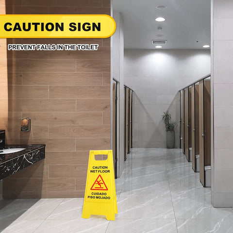 Heavy Duty Folding Wet Floor Signs, Set Of Twelve Double Sided Bilingual Safety Placards For Shop And Office Floors, Bold Yellow Warning Markers in restroom.
