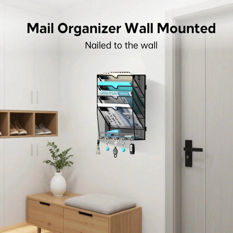 Wall Mount Paper File Organizer With Mail Sorter Slots And Five Heavy Duty Hooks For Home Office Storage And Kick Clutter To The Curb While Keeping Daily Bills Folders And Keys Totally Spick And Span In Sleek Black