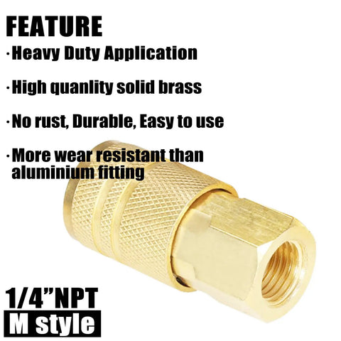 Brass Air Hose Fittings Quick Connect Coupler One Quarter Inch NPT Female Thread, heavy-duty solid brass, M style.