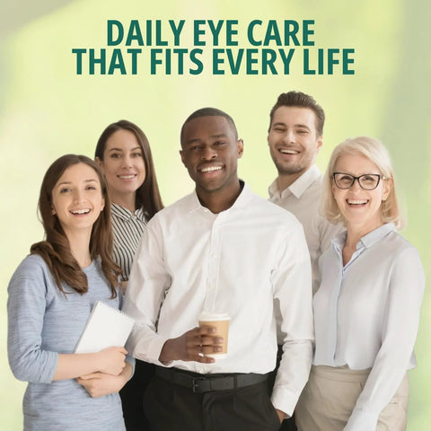 Purelid eyelid wipes lifestyle image: five diverse professionals smiling against a pale green background