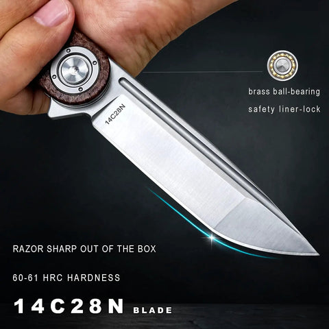 Close-up of Edc Pocket Folding Knife With 3.5 Inch 14C28N Blade showing ball bearing pivot and liner lock.