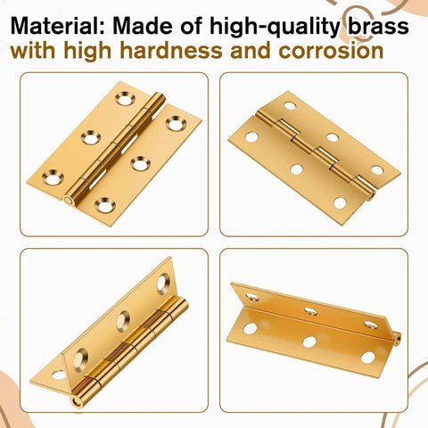 2 Inch Brass Hinges With 24 Screws 4 Pack Small Hinge Set for wood boxes cabinets and crafts, showing various angles