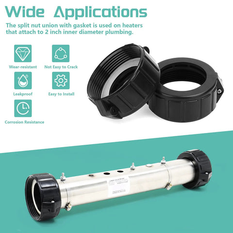 Front view of two 2-inch spa heater union nuts with screws and gasket; black plastic fittings on stainless heater tube.