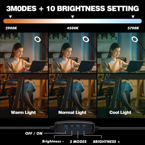 Image showing warm, normal, and cool light modes of 10x Desk Magnifier With Light, Flexible Gooseneck Clamp, and 10 Brightness Levels.