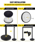 Step-by-step assembly of Stanchion Set With 6.6 Ft Black Retractable Belt For Crowd Control, Durable Barrier With Concrete Base.