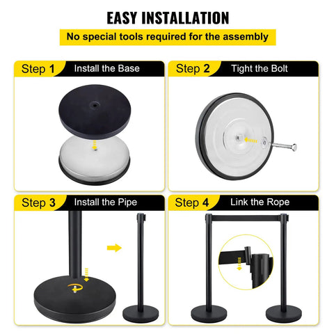 Step-by-step assembly of Stanchion Set With 6.6 Ft Black Retractable Belt For Crowd Control, Durable Barrier With Concrete Base.
