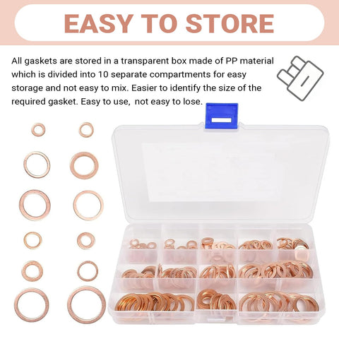 200 Piece Copper Washer Kit For Cars, Metric Crush Washers And Flat Sealing Gaskets In 9 Sizes in transparent storage box