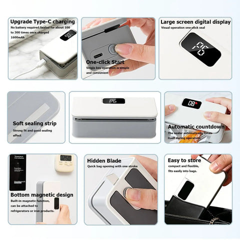 Mini Bag Sealer With Six Speed Settings And LED Display Portable Sealer With Cutter And Magnet No Preheating Needed