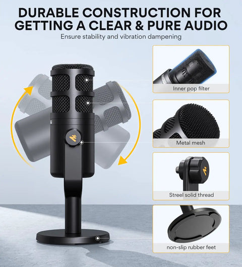 XLR Dynamic Podcast Microphone With Cardioid Pickup, Built In Double Layer Pop Filter, Pro Grade Metal Studio Mic For Recording