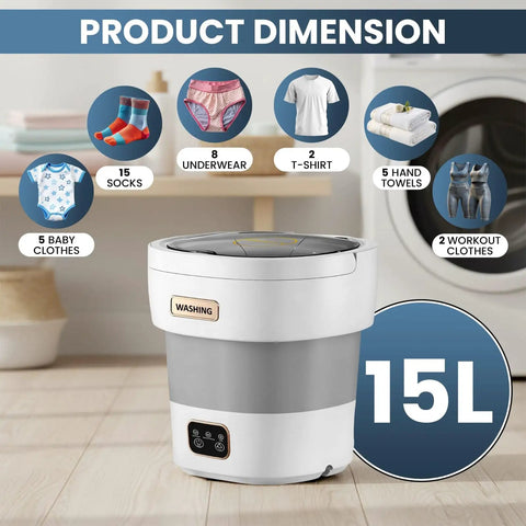 No Sweat Compact Portable Washer With 15L Spin Basket, showcasing laundry items for socks, underwear, and delicates.