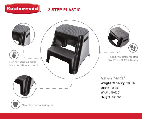 2 Step Molded Plastic Step Stool Lightweight With Slip Resistant Treads And Non Slip Feet Ideal For Kitchen Bathroom Office Or Garage Easy Carry With Cutout Handles Compact And Durable Amazon Exclusive, featuring side handles, textured treads, non-slip feet, dimensions, and weight capacity details.