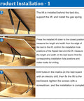 Installation steps for Heavy Duty Hydraulic Bed Lift Mechanism Featuring 48 Pound Gas Springs, showing gas spring setup and bed board drilling.