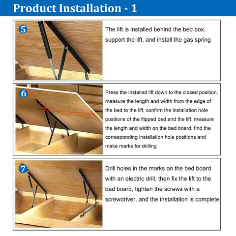 Installation steps for Heavy Duty Hydraulic Bed Lift Mechanism Featuring 48 Pound Gas Springs, showing gas spring setup and bed board drilling.
