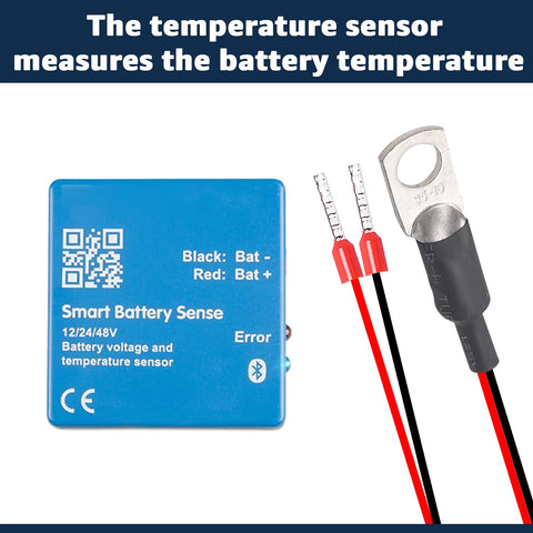 Front view of a blue Smart Battery Sense temperature sensor module with red/black leads and ring terminal