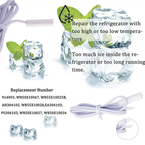 Plug And Play Complete Refrigerator Defrost Heater Kit showing cables and ice symbol over ice cubes.