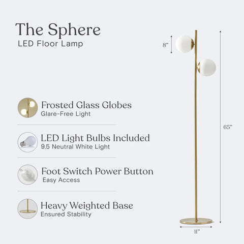 Sphere Floor Lamp With Two Glass Globes, Mid Century Modern Pole Light For Living Room, Bright LED Standing Lamp For Bedroom And Office With Cozy Vibes, Contemporary Decor In Gold Antique Brass Finish, Echo Compatible
