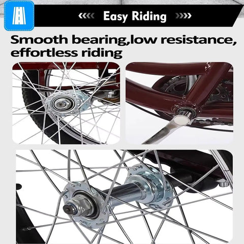 Close-up of wheel spokes and bearing on Three Wheel Pedal Tricycle Cruiser For Seniors And Adults With Hydraulic Front Fork
