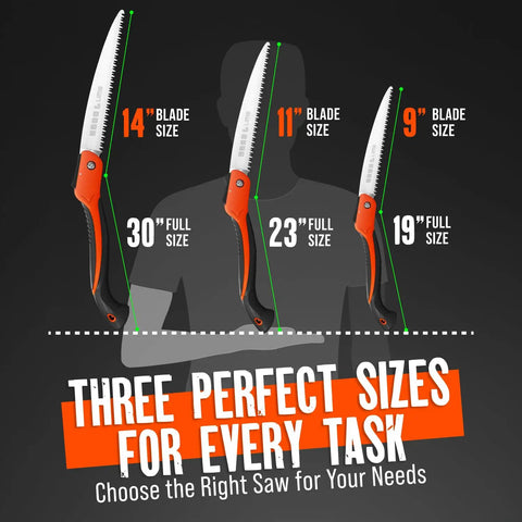Illustration showing 11 Inch Folding Camping Saw With Heavy Duty Pruning Blade, alongside 14-inch and 9-inch options.