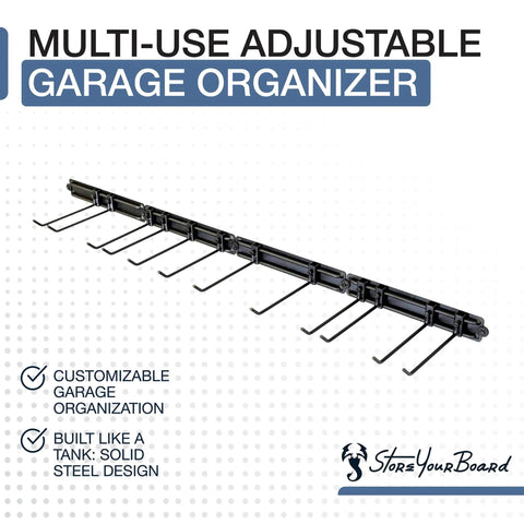 Beefy Heavy Duty Garage Tool Organizer Wall Mount With Broom Holder And Tool Racks 64 Inch Wall Storage System, close-up