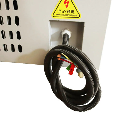 Straight Up Heavy Duty Metal Working Downdraft Table With Dual Drum Dust Collector And Welding Fume Extractor For Industrial Shop Grinding And Multi Stage Filtration 3KW 220V rear view showing electric wiring and danger label.
