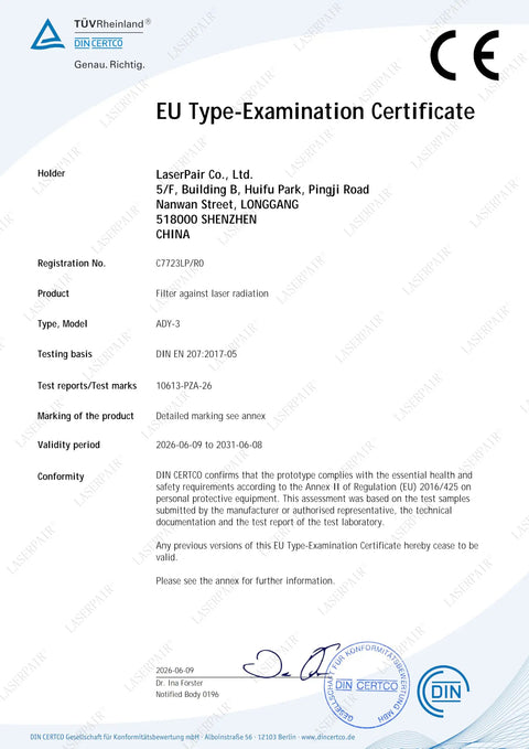 EU Type-Examination Certificate for Heavy Duty Laser Safety Glasses for handheld fiber welding compliance and safety standards.