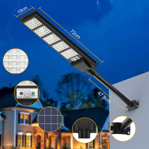 High Power Solar Street Light With Remote, 350W 400 LED Flood Light, mounted on wall, showing dimensions