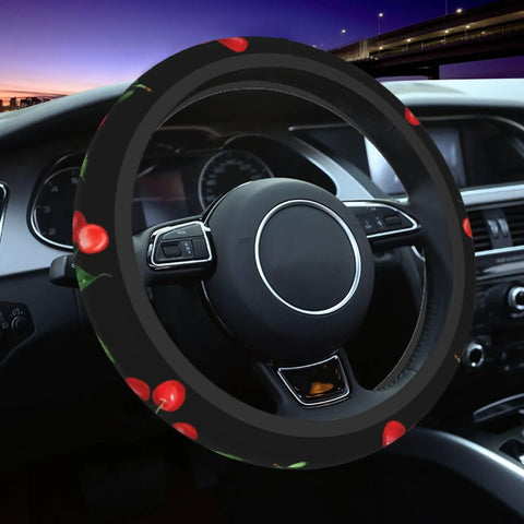 Cherry Themed Aluminum License Plate Frame With Anti Slip Breathable Steering Wheel Cover on car dashboard
