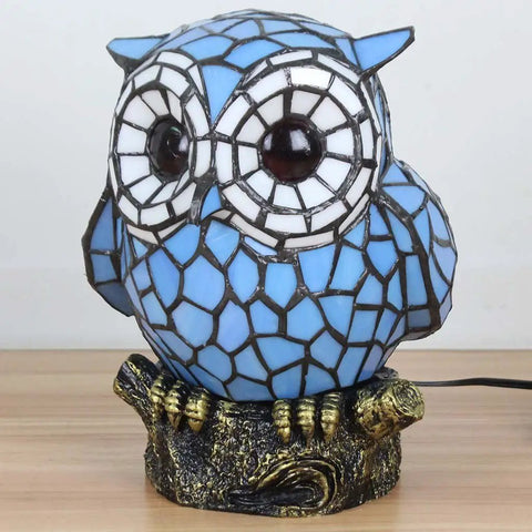 Blue Tiffany Style Stained Glass Owl Accent Table Lamp With Handmade Lampshade For Living Room Decor, 7 Inch Long, 9 Inch Wide, 9.4 Inch Tall