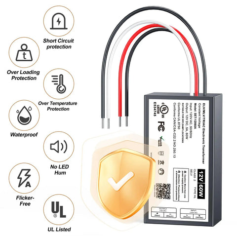 12V Dimmable LED Driver 60W Triac ELV MLV Transformer for LED Strips and Modules Smooth Flicker Free Dimming with Lutron and Leviton Switches Plug And Play Power Supply for Modern Accent Lighting, black rectangular driver with wires