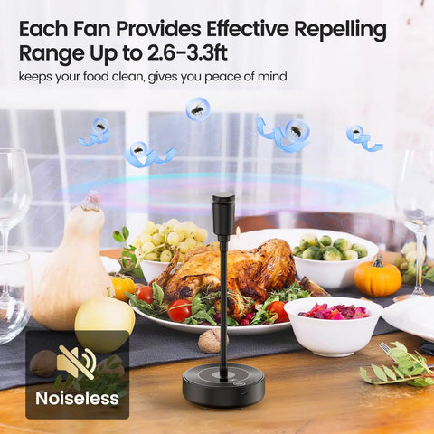 Portable Tabletop Fly Fans 4 Pack With 2000mAh Rechargeable Battery Power on dining table with food at indoor picnic