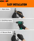 Instruction steps for installing Heavy Duty Garage Wall Hooks Set With Anti Rust PVC Coating shown with tools and gloves.